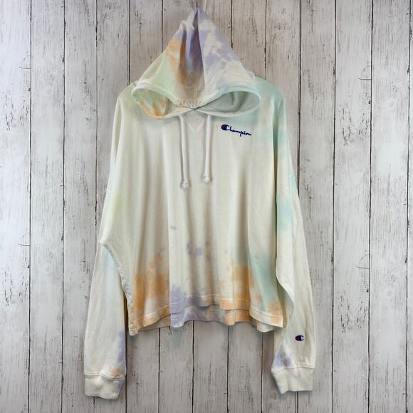 Champion Multicolor Oversized Tie-Dye Cotton Cropped Hoodie Sweatshirt Size XL - Picture 2 of 11